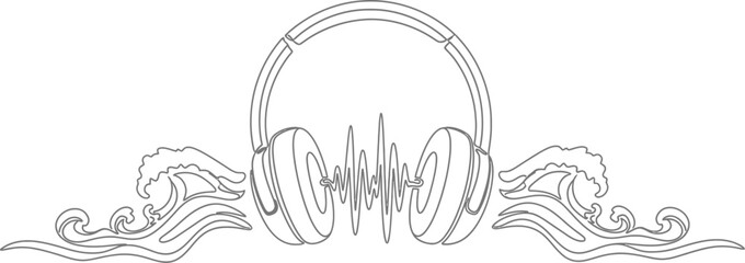Obraz premium Continuous line drawing of modern headphones with an abstract sound wave pulsating between the earcups, surrounded by stylized ocean waves, symbolizing a unique blend of music and the sea.