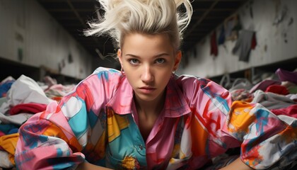 Obraz premium A young woman with blonde hair lies in a colorful shirt surrounded by piles of clothes