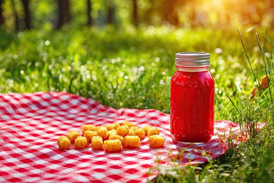 Crispy tater tots and refreshing red drink on a checkered picnic blanket in the park