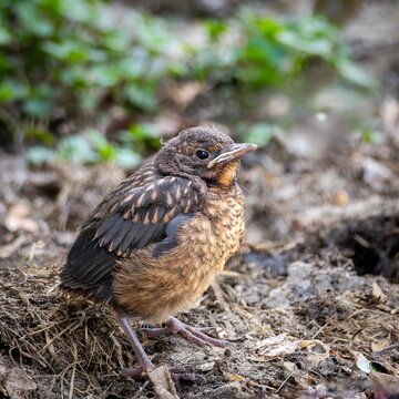A fledgling Blackbird (Turdus merula) in spring.
