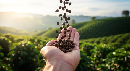 Fototapeta premium hand holding fresh tea leaves in lush green plantation at sunrise