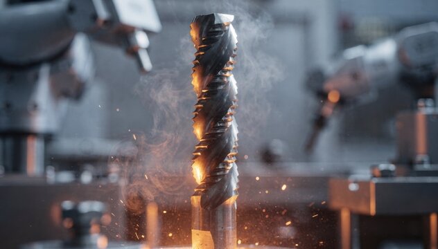 Close medium shot of spiral flute threading tap undergoing advanced hardening and coating in a hightech fabrication lab showcasing material durability enhancement.