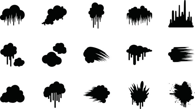 Collection of black smoke clouds and liquid dripping shapes for vector design eps file.