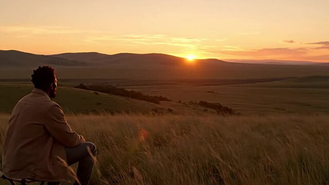 Young man finds peace during a beautiful sunset in nature, practicing digital detox for mental well-being. Focus on mindfulness, stress reduction, and personal growth in a serene outdoor landscape.