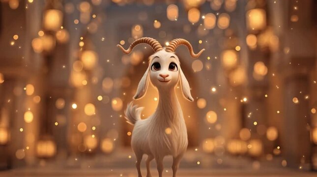 Cute goat with lantern lights in mosque Eid al Adha festive 3d scene