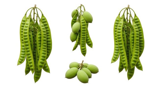 Fresh green petai beans and bitter beans collection, organic Parkia speciosa pods on white background, raw stinky beans for Southeast Asian cuisine