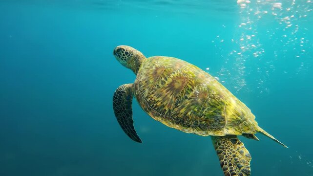 Sea turtle swimming underwater in clear blue ocean sunlight