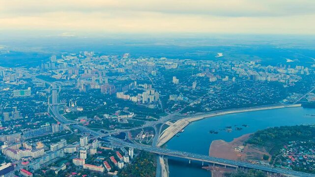 Ufa, Russia. Panorama of the central part of the city of Ufa. Time after sunset. Drone footage