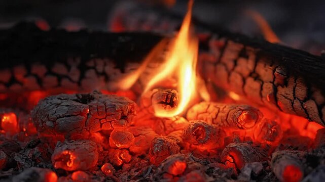 Close-up video of vibrant red glowing embers and burning wood with flames. Intense heat, natural fire dynamics, and cozy warmth. Perfect for backgrounds, energy, destruction, and primal power...