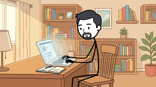 2D stick figure man with goatee working on laptop at desk in home office. Cartoon male character sitting in study room with bookshelves, plant, and coffee. Remote worker using computer.