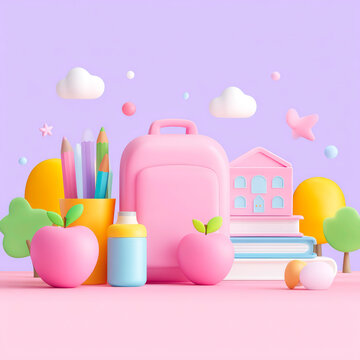 Back to School Education Concept with 3D Rendered Stationery Supplies and Pink Backpack Illustration