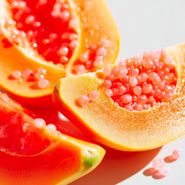 Close up Shot of Fresh Sliced Orange Papaya Fruit with Black Seeds for Healthy Nutrition