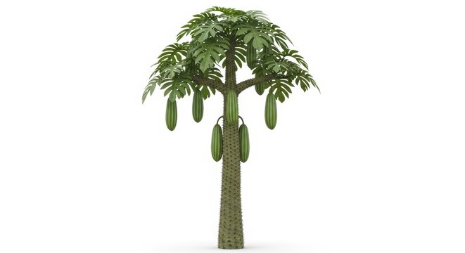 Tropical papaya tree with green fruits, exotic pawpaw plant on white background, botanical specimen of carica papaya for agriculture and food design