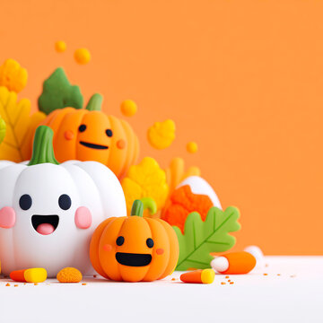 Cute Halloween Pumpkin Characters with Expressions and Autumn Leaves on Orange Background Illustration Set