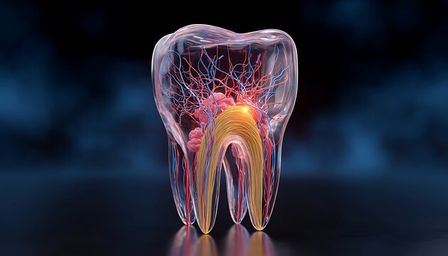 Cross-section of a human tooth revealing intricate internal structures including nerves, detail vessels, and pulp, with a highlighted area of inflammation or decay