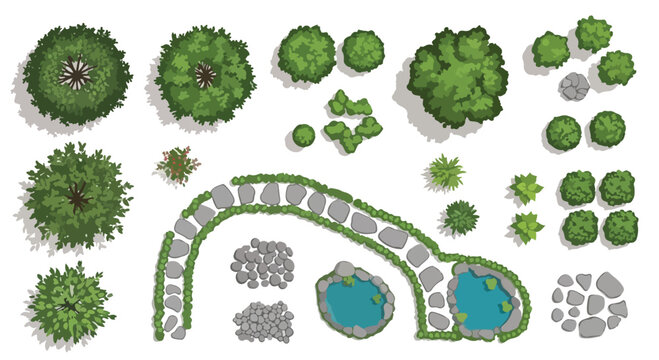 Landscape design elements in top view, garden plan vector set with green trees and shrubs, architectural site map symbols with stone path and pond