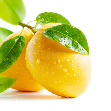 Detail Shot of Fresh Ripe Yellow Peach Fruit with Green Leaves and Clear Water Drops