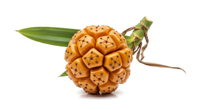 Exotic pandanus fruit with green leaves on white background, tropical screw pine fruit, ripe orange hala fruit for culinary and botanical concepts