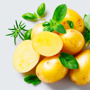 Fresh Raw Potato Slices with Green Herbs and Spices Isolated on White Background for Cooking