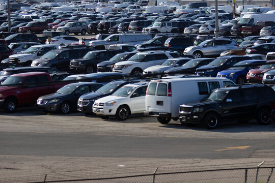 Rockford, Illinois, USA - April 26, 2026: Hundreds of cars in a parking lot at an auto auction and junkyard facility.