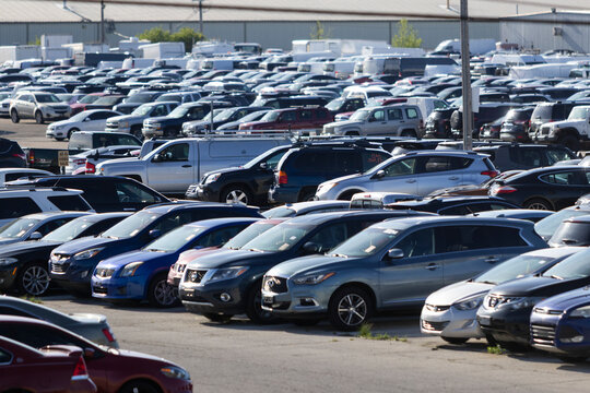 Rockford, Illinois, USA - April 26, 2026: Hundreds of cars in a parking lot at an auto auction and junkyard facility.,