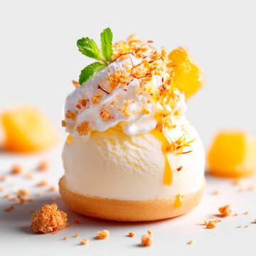 Gourmet Vanilla Ice Cream Dessert with Sweet Caramel Sauce and Crunchy Nuts Topping