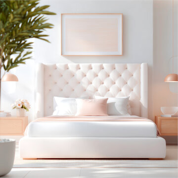 Luxury Modern Bedroom Interior Design with Elegant White Velvet Bed Pillows and Soft Lighting