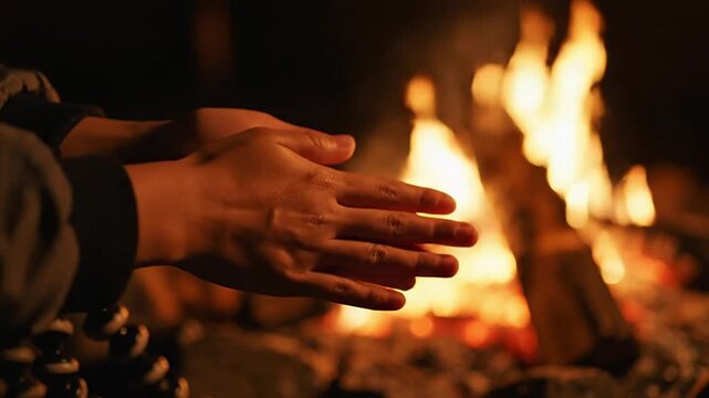 Hands warming by a glowing campfire at night, providing natural heat and comfort during cold outdoor activities. Ideal for camping, travel, relaxation, and cozy, memorable experiences in nature.