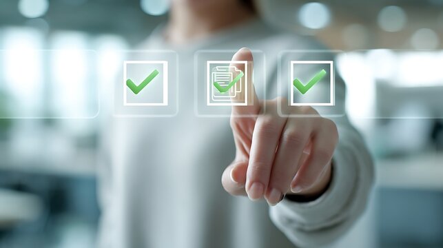 Person's hand touching a digital interface with three checkboxes, two of which are checked with green checkmarks, representing task completion or selection