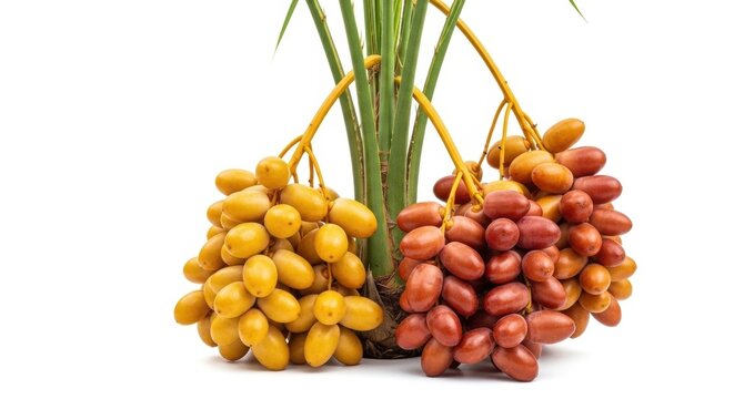 Fresh raw date fruit clusters on palm branches, yellow and red barhi dates on white background, organic middle eastern sweet fruit