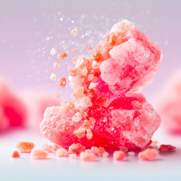 Macro Photography of Natural Pink Himalayan Salt Crystals Isolated on Soft Minimalist Background