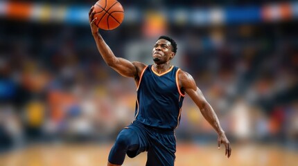Naklejka premium Dynamic studio shot of a male basketball player executing a layup in mid-air with a focused expression.