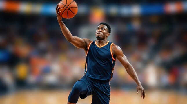 Dynamic studio shot of a male basketball player executing a layup in mid-air with a focused expression.