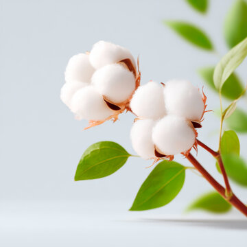 Macro Photography of Soft White Cotton Flower Pods on Tree Branch with Green Leaves
