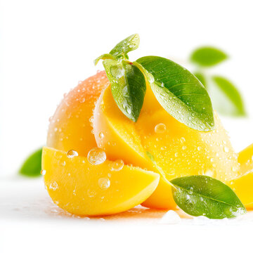 Macro Shot of Juicy Orange Mango Fruit Slices with Green Leaves and Fresh Water Drops