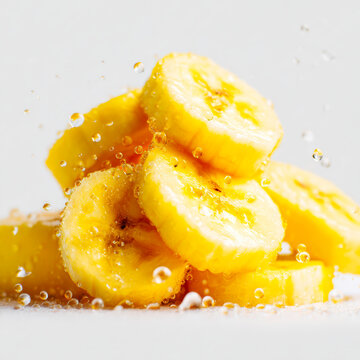 Macro Shot of Fresh Yellow Banana Slices with Clear Water Splashes for Healthy Food Concept