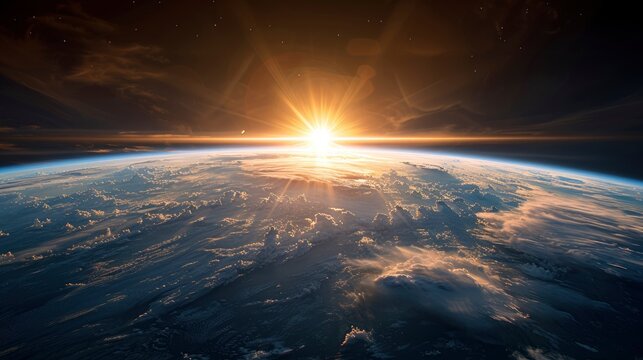 Earth sunrise orbit glowing over atmospheric horizon in cinematic wide angle for global science media