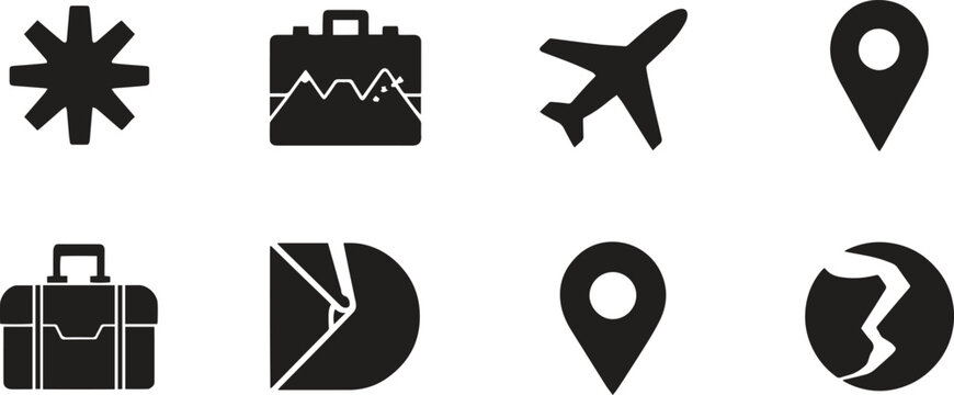 Travel and Tourism Silhouette Icon Set with Airplane Luggage and Location Pin Symbols