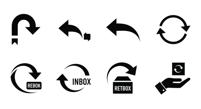 Circular arrow icons with inbox and rebox labels black silhouette