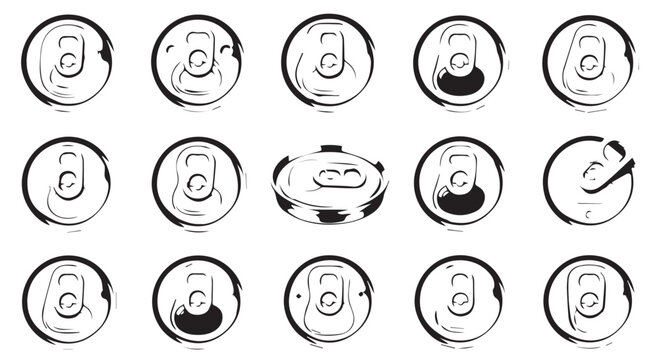 Collection of 15 grunge-style top-down views of open and closed soda cans with food and drink beverage top view aluminum illustration collection