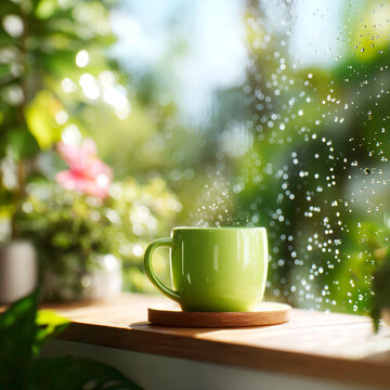 Steaming Hot Green Tea Cup on Rustic Wooden Table with Blurred Nature Garden Background