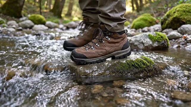 Close-up of a person in robust hiking boots stepping across a shallow forest stream. Concept of outdoor adventure, nature exploration, trekking, healthy lifestyle, and challenging wilderness journey.