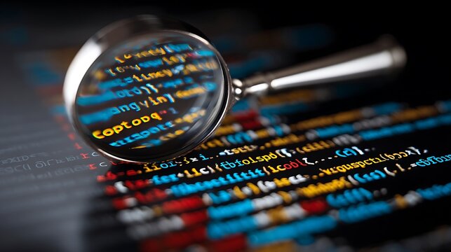 A magnifying glass is placed over lines of colorful computer code, highlighting the process of code analysis and debugging