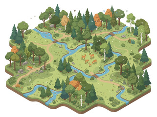Fototapeta premium A delightful vector illustration of a serene forest landscape with winding paths and a family of deer enjoying the tranquility