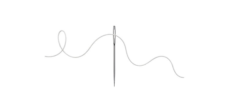 A needle piercing a thread creating a loop.