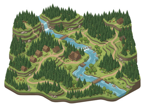 Charming forest village isometric vector illustration with winding river, wooden houses, and lush greenery creating a serene landscape