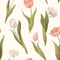 Obraz premium Seamless floral pattern with white and pink tulips. Vector illustration. 