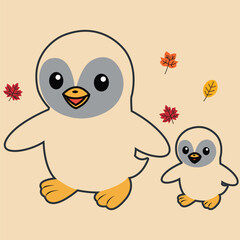 Obraz premium Cute Kawaii Penguin Family Vector Illustration with Autumn Maple Leaves for Kids Design