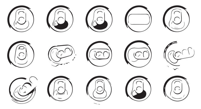Collection of hand-drawn soda can icons with various open and closed lids black and white collection illustration beverage container refreshment