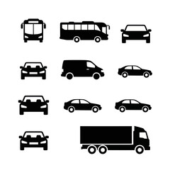 Obraz premium Black vehicle icons set: bus, cars, van, truck on white background